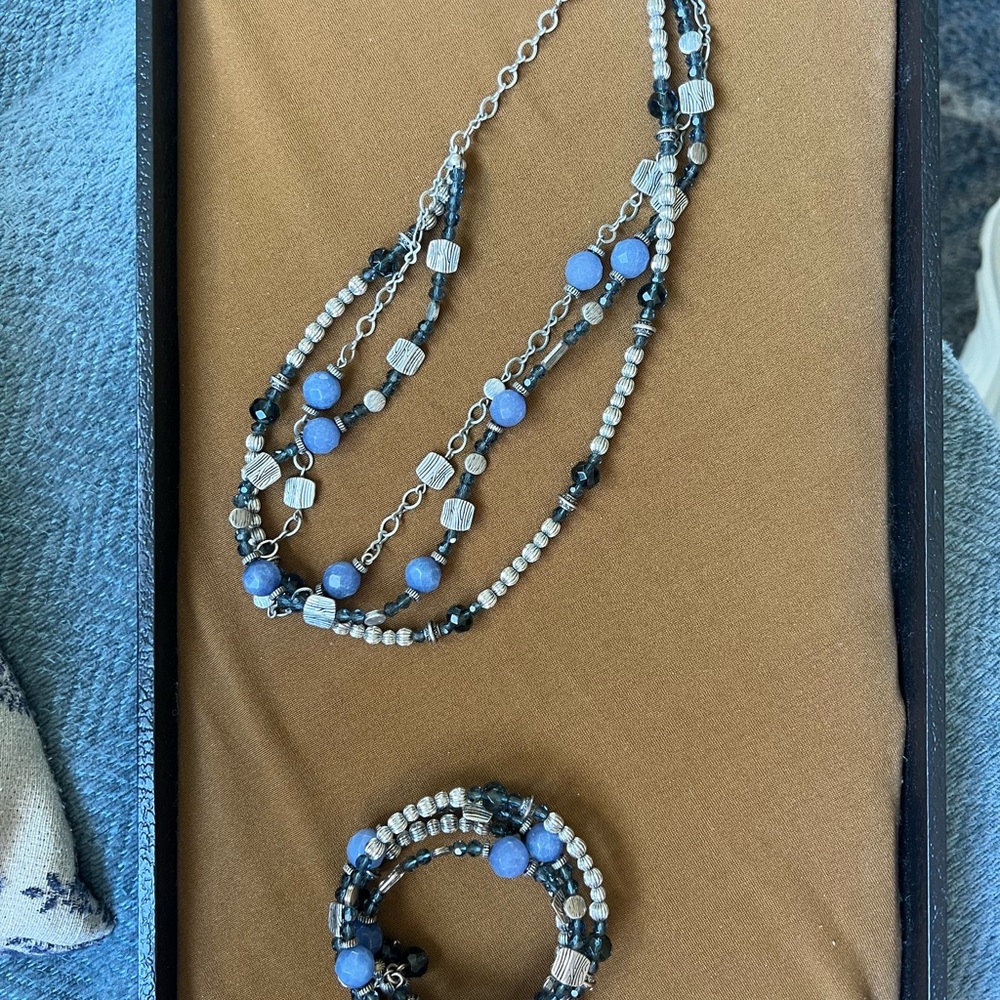 Layered three strand Blue and Silver Beaded Necklace & Bracelet-Premier Designs